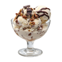 Refreshing Delight A Glass Bowl with Ice Cream Scoop, Nuts, and Chocolate Isolated on a Transparent Background for Your Summer Campaign png