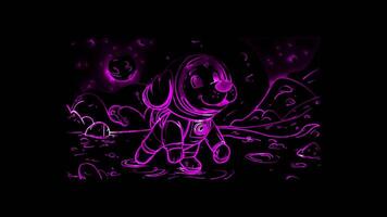 Neon frame effect,dog wearing a space helmet and floating in zero gravity on black background video
