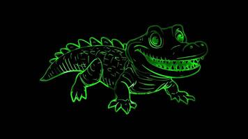 Neon frame effect,crocodile with a wide grin and a playful attitude on black background video