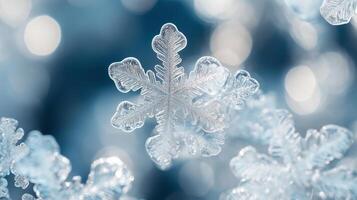Artwork with the wonderful transparent-white snowflakes repeated in a subtle, thin, and delicate shape on blue background photo