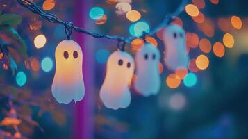 Hanging ghost-shaped lights in a vibrant bokeh background photo