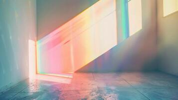 Overlay effect for photo and mockups. Organic drop diagonal shadow and ray of light with rainbow from window on a white wall.