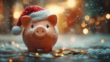 A charming piggy bank in a Santa hat and and coins,brings holiday joy, nestled in snow with golden bokeh lights in the background. The snowfall adds to the wintry, festive mood. photo