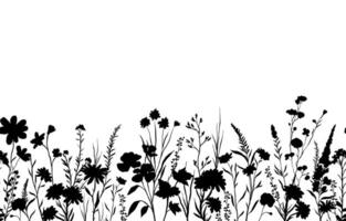 silhouettes background with wildflowers and plants, seamless from right to left vector