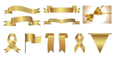 Golden award ribbon banners for text. Band for text, ribbon loop. Gift Card WithGolden Ribbon And A Bow, Label Design. Blank Gold award Ribbon Collection Pack Template. Various shapes vector