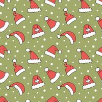 Seamless pattern with Santa Claus Christmas hats on green background with white snow vector