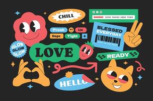 Cool abstract funny sticker. Trendy patch badges. Quotes word gen z and millenials. Y2k style art in isolated black background. vector