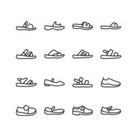 A collection of simple icons depicting various styles of summer footwear, including sandals, slides, and Mary Janes. vector