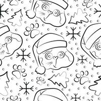 seamless christmas pattern with faces of chubby cat in santa claus hat in line art style vector