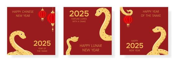 New Year 2025 card set in red and gold colors with snake. Chinese zodiac Snake symbol of the year. Lunar New Year concept. Template of cover,card,poster,flyer vector