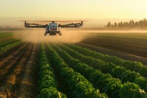 An agricultural drone sprays crops during a golden sunset, showcasing precision farming and sustainable innovation photo