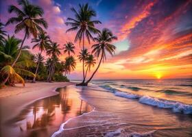 Idyllic sunset beach scene with lush greenery, vibrant skies, and ocean waves, perfect for wallpaper background. photo
