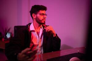 Information technology businessman working on computer at home for digital apps Software development or website design, ux, ui, budding graphic designers with coding projects or online company managem photo