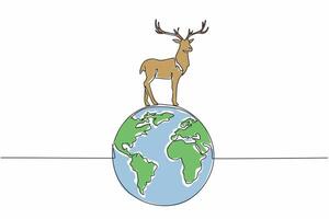 Continuous one line drawing globe with deer on top. Its existence maintains the balance of animal diversity. Hunt or be hunted. Natural. World Wildlife Day. Single line draw design illustration vector