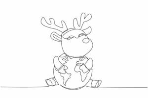 Continuous one line drawing cute deer hugging globe. Maintaining balance of nature so that they continue to reproduce. Comfort place. World Wildlife Day. Single line draw design illustration vector