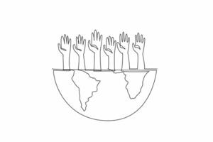 Continuous one line drawing hands reaching up from a half-globe. Advocating for global issues and promoting positive change. Global impact. World NGO Day. Single line draw design illustration vector