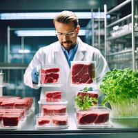 Concept of meat cultured from animal somatic cells. Meat sample in the disposable plastic container in modern laboratory. photo