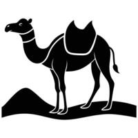 Camel Silhouette with Saddlebag on Sand Dune in Desert on White Background vector