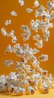 Parabola-shaped arc of flying popcorn on simple yellow background, food photography, picture photo