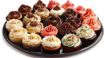Platter of assorted sugar-free cupcakes with different flavors and frosting arranged circularly, photography photo