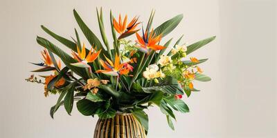 Exotic arrangement of bird of paradise flowers, ginger blooms, and tropical foliage, in a bamboo-inspired ceramic pot, photorealistic photo