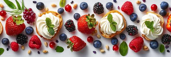 Knolling photo of fruit, yogurt, sandwich, and breakfast items on white background with flowers, summer-themed, photography
