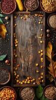 Wood table with nixtamal and colorful corn grains in corners, center space for stationery design, photography photo