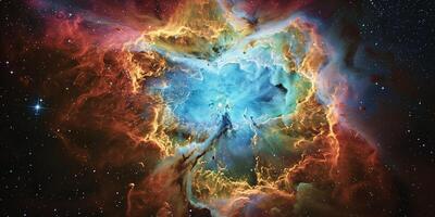 Crab Nebula with chaotic gas and dust expanding from pulsar, photo