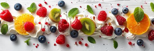 Yogurt, kiwi, berries, raspberries, citrus arranged on white background, in Mark Keathley style, fragmented icons, aerial view, with grit, photorealistic photo