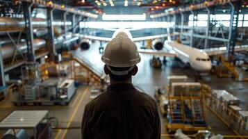 A man in a hard hat looking at an airplane in a hangar photo
