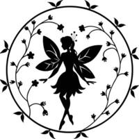 Fairy Encircled by Vines with Blossoms Silhouetted on White Background vector