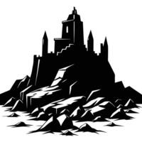 Dilapidated Castle on Rocky Ground Silhouetted on White Background vector