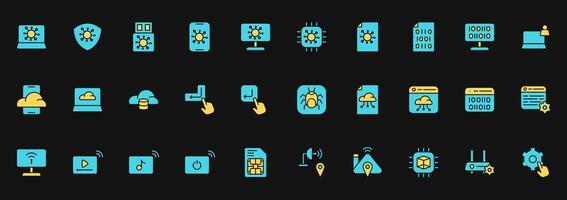 Icon set tech information include coding, pogrammer, malware, network etc. icon pack Flat color style vector