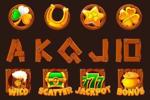 St Patrick day symbols on wooden board for your game or slots machine. Standard symbols,Wild symbol,Bonus symbol,Scatter symbol, Playing card symbols vector