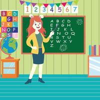 Classroom scene with cute animal characters, a beautiful teacher explaining, perfect for education designs. vector