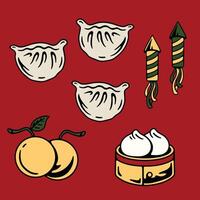 Chinese new year dumplings oranges and fireworks for Chinese new year vector