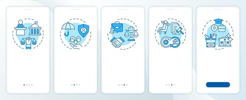 Government regulation rights blue onboarding mobile app screen. Walkthrough 5 steps editable graphic instructions with linear concepts. UI, UX, GUI template vector
