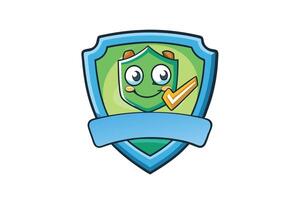 Cartoon style shield icon with smiling face and checkmark symbolizing approval, protection, and security on a white background vector