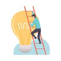Man Climbing Ladder to Big Burning Light Bulb, Brainstorming, Innovation, Creativie Thinking Concept Illustration vector