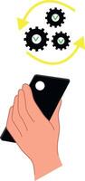 Hand holding smartphone with rotating arrows and gear icons. Workflow optimization and task automation. Digital system management with completion vector