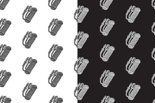 kernmantle rope with carabiner doodle seamless pattern on black white background set. engraving outdoor rope background. hank of rope hatching wallpaper. pattern background with ropes for adventure vector