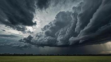 In the middle of a field covered with dark rain clouds photo