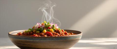 Delicious Homemade Chili with Toppings in a Deep Ceramic BowlDelicious Homemade Chili with Toppings in a Deep Ceramic Bowl. photo