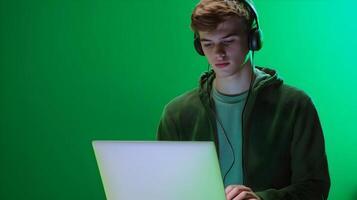 Portrait of a Focused Young Male Student Deeply Immersed in Academic Research,Using a Laptop and Headphones on a Green Screen Background. photo