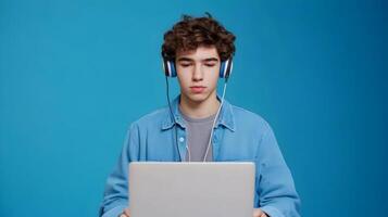 Portrait of a Concentrated Young Male Student Deeply Engaged in Academic Research and Study,Using a Laptop and Headphones on a Colorful Background. The Image Depicts Dedication,Discipline. photo
