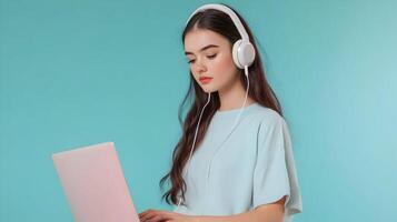 Portrait of a Concentrated Young Woman Deeply Engaged in Academic Research,Using Laptop and Headphones while Studying or Analyzing Information on a Colorful Background photo