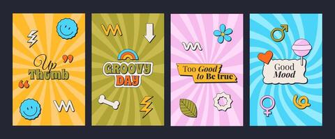 Set of 4 retro posters in old user interface computer style with text. 80s and 90s esthetics. Purple, pink, yellow, blue colors. Funny y2k stickers. vector