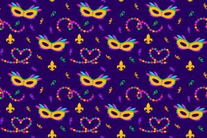 Seamless Mardi Gras pattern with colorful masks beads and fleurdelis on a dark background vector