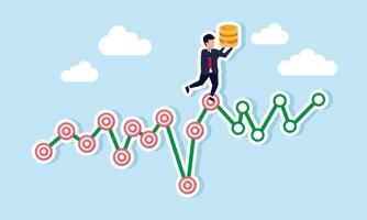 A businessman stands on a target chart holding a stack of coins, illustration of progress in achieving business targets to gain profit and revenue vector