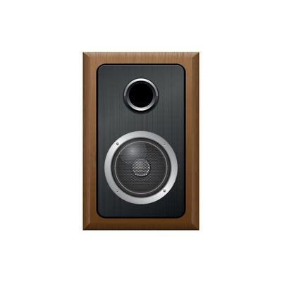 music column with speaker and subwoofer in wooden case on white background